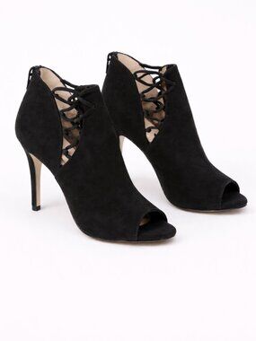 Antonio Melani Black Peep Toe Bootie Heels Stiletto Cutout Ankle Boots Size 7M